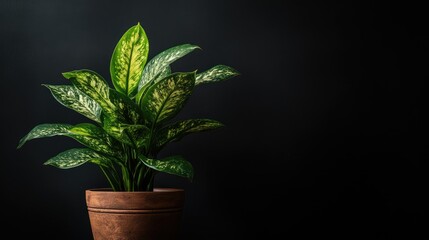 Obraz premium Green tropical indoor plant in brown ceramic clay pot. Decorative houseplant isolated on black background with copy space