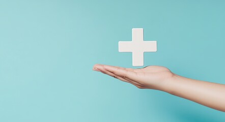 A virtual hand holding a plus sign symbolizes providing positive elements such as benefits, personal growth, social connections, and health insurance, with space for additional text
