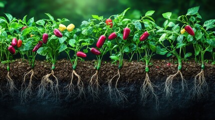 Chili pepper plants, roots exposed, soil, growth.