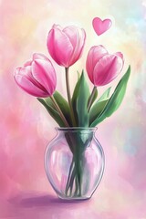 Obraz premium Pink tulips in a clear vase with a soft background and heart shapes floating above