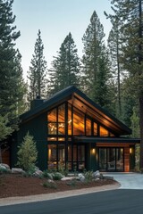 Naklejka premium A contemporary cabin is gracefully situated amid towering pine trees, creating a peaceful retreat within a tranquil wooded landscape as twilight descends