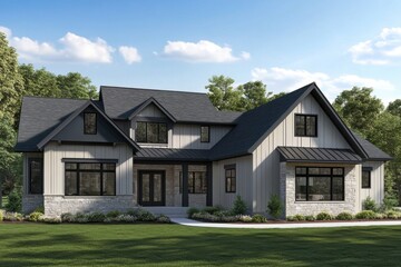 Modern farmhouse exterior with large windows and stone accents surrounded by lush greenery in daylight ideal for family gatherings