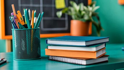 Study materials and supplies organized on a vibrant green desk in a well-lit classroom environment
