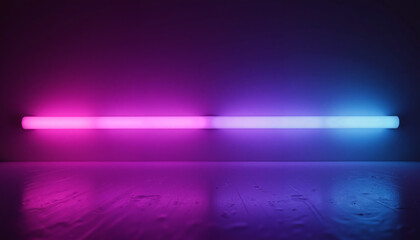 Horizontal neon light tube in pink and blue on dark wall
