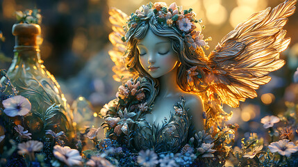 Serene fairy figurine amidst flowers and potion bottle, ethereal lighting.
