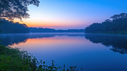 Fototapeta premium Tranquil lake at sunrise reflecting sky and lush greenery