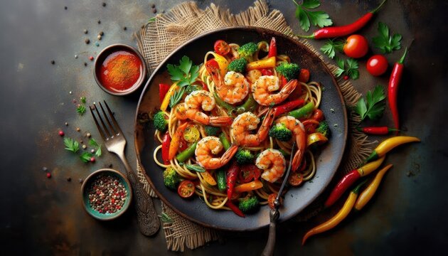 Colorful pasta dish, juicy shrimp, vibrant vegetables, spaghetti noodles, dark ceramic plate, rustic background, overhead view, moody lighting, food photography, gourmet cuisine, Italian inspired, ric