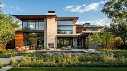 Fototapeta premium Modern house, pool, landscaped yard, sunny day.