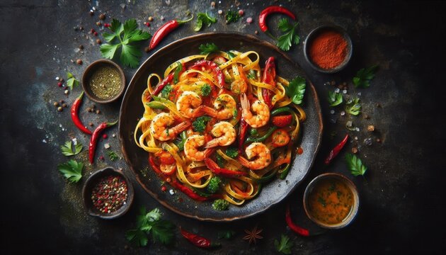 Colorful pasta dish, juicy shrimp, vibrant vegetables, spaghetti noodles, dark ceramic plate, rustic background, overhead view, moody lighting, food photography, gourmet cuisine, Italian inspired, ric