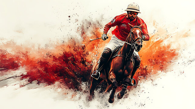 Polo player on horseback in dynamic action, splash art effect.