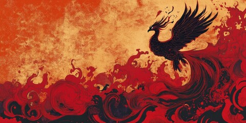 Black Phoenix Soaring Over Crimson Fire Waves