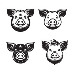 Pig Face Silhouette Vector Set - Farm Animal Outline Graphics Collection