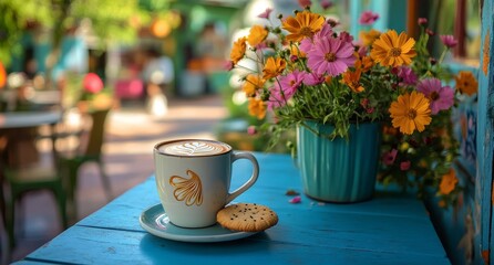 Coffee cup with flower and cookie on blue table surrounded by vibrant blooms during a sunny day