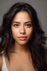Naklejka premium Portrait of a woman of Hispanic ethnicity with bright features, radiant smile and stylish clothes in the background.