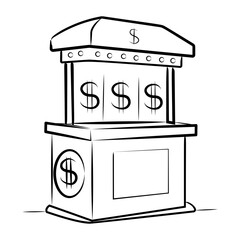 Hand drawn icon of an exchange booth with dollar signs