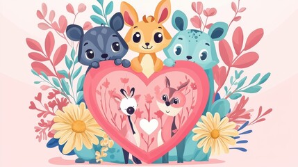 Obraz premium Adorable animals embracing a heart, surrounded by flowers