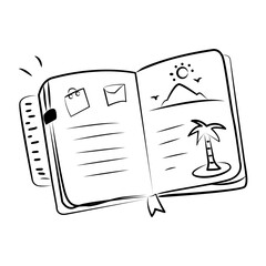 A hand drawn icon of an open travel journal