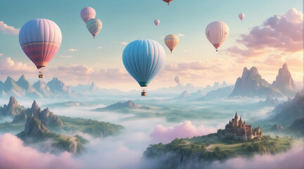 Fototapeta premium Bright balloons against the backdrop of a fabulous landscape, creating an atmosphere of celebration and magic, filling the frame with joy and color