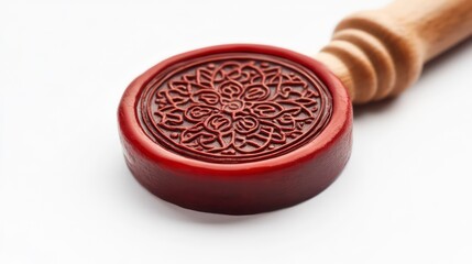 red wax seal stamp with an intricate design isolated on a white background evoking a sense of tradition and craftsmanship perfect for stationery and formal invitations