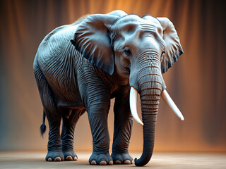 A stunning elephant with large tusks standing gracefully under dramatic lighting, set against a textured backdrop that highlights its powerful presence.


