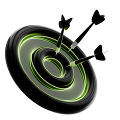 3D illustration of a target with three darts hitting the center. Symbolizes success, accuracy, goal achievement, and strategy. Modern neon green style design © Maserekt