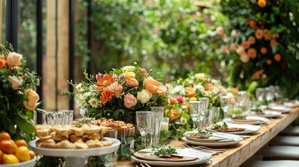 Elegant long wooden table adorned with floral arrangements, pastries, and place settings for a lavish outdoor event.