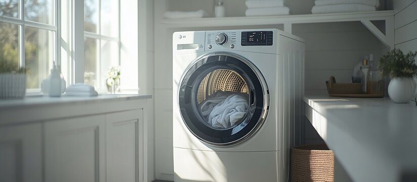 LG White Dryer in Bright Laundry Room