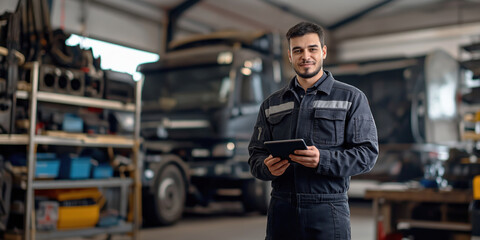 A young male mechanic of European appearance stands in a modern heavy truck repair shop on the right. A mechanic stands in front of a large truck. The car repair shop's advertising banner.