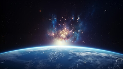 Obraz premium View of the Earth, star and galaxy. Sunrise over planet Earth, view from space.