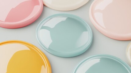 A collection of colorful, glossy circular shapes arranged aesthetically, showcasing pastel hues of pink, mint, yellow, and cream on a soft background.