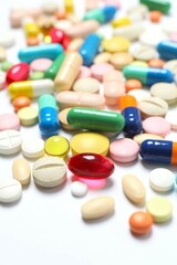 Various pills on white background