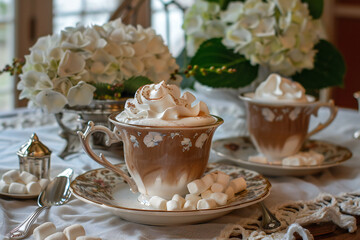 Fototapeta premium Indulgent Vanilla Ice Cream Scoop with Coffee and Cream in a Glass, Served as a Sweet Dessert Pairing