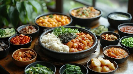 Fototapeta premium A table laden with a variety of Asian dishes, including rice, vegetables, and various sauces, presented in multiple small bowls and a large central serving dish.