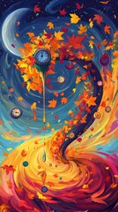 Autumn Leaves Swirling Around Clocks In A Whimsical Scene