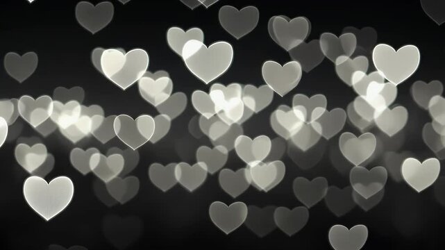 Scattered White hearts bokeh blurred on black background. Saint Valentine's day pattern texture Overlay Mask transparency	