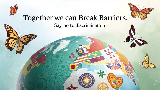 a globe filled with diverse cultural symbol, greeting card zero discrimination day
