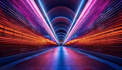 A neon-lit tunnel with vibrant pink and orange lights creating an electrifying futuristic atmosphere