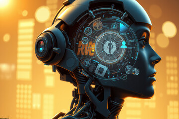 futuristic robotic head with intricate digital interfaces and glowing elements, set against blurred cityscape background, showcasing advanced technology and AI integration