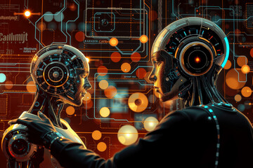 Two futuristic robots with intricate circuitry interact digital environment, showcasing advanced technology and artificial intelligence. scene is illuminated with vibrant orange and blue lights