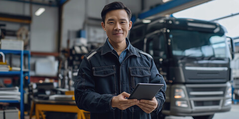 A young male mechanic of Asian appearance stands in a modern heavy truck repair shop. A mechanic stands in front of a large truck. The car repair shop's advertising banner.