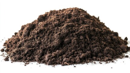 scattered pile of rich dark soil isolated on a clean white background emphasizing natural textures and the earths fertility symbolizing growth and the foundation of life