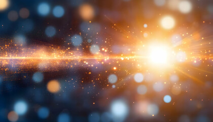 Obraz premium Abstract glowing particles background, vibrant orange and blue bokeh lights, energy burst, digital art, futuristic technology, bright light streaks, sparkling dust.