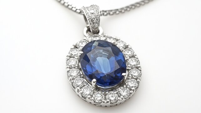 Close up of sapphire pendant surrounded by diamonds on white background