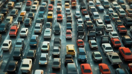 Fototapeta premium Dense traffic jam, numerous vehicles, roadway gridlock.