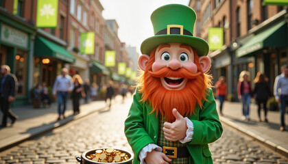 Cheerful leprechaun giving thumbs up on cobblestone street, St. Patrick's Day