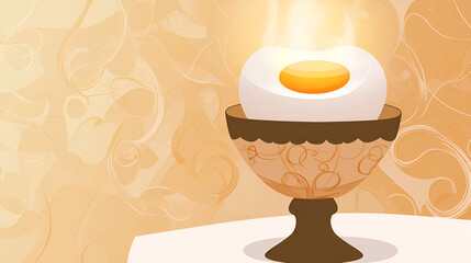 Stylized illustration of a boiled egg in an ornate cup against a soft colored background