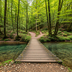 Wooden bridge in green forest