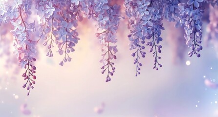 Delicate purple flowers hanging gracefully in a serene, dreamy landscape at sunrise