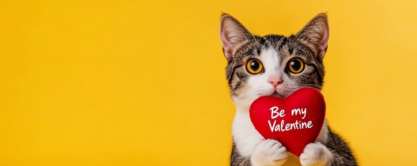 Fototapeta premium Adorable Cat Holding Heart on Yellow Background, Perfect for Valentine's Day Cards and Gifts