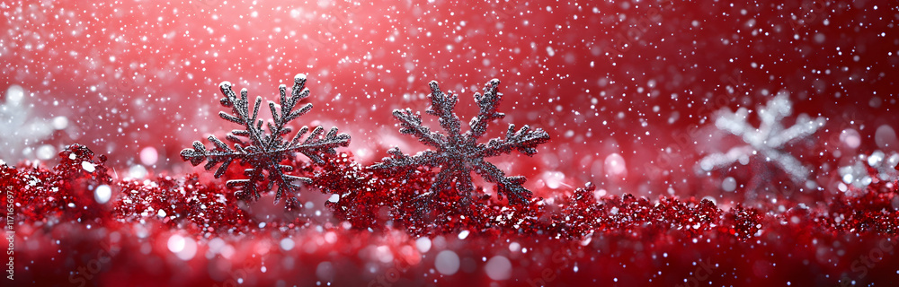 Wall mural festive red and silver glitter snowflakes with falling snow and bokeh lights on a red background gen